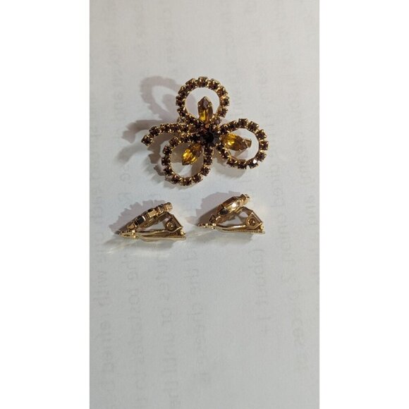 Vintage Rhinestone Bow Brooch & Clip-On Earring Gold tone topaz brown tone - Picture 6 of 9